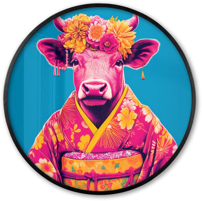 Poster in lijst Rond - Fotolijst 60x60 cm - Posters - Koe - Bloemenkrans - Oorhangers - Kimono - Ronde posterlijst zwart - Decoratie - Wanddecoratie woonkamer - Muurdecoratie slaapkamer