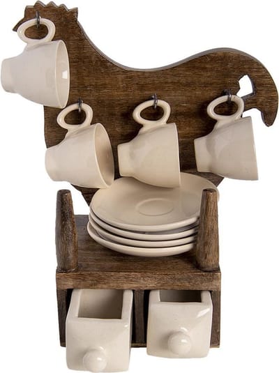 Clayre & Eef Kop en schotel Set van 4 22x15x31 cm Beige Bruin Keramiek Kip Servies