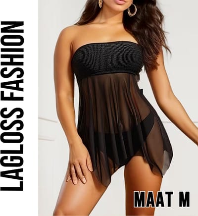 LaGloss® Elegante 2-Delige Tankini met Hoge Stretch & Verfijnde Details - Zwart Strapless Zwempak – Maat M