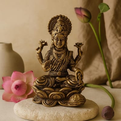 Ancient Wisdom - Decoratief beeld - Messing miniatuur godin Laxmi 37 mm 22 gram - beeldje - figuur - decoratie - hindoeïsme - interieur
