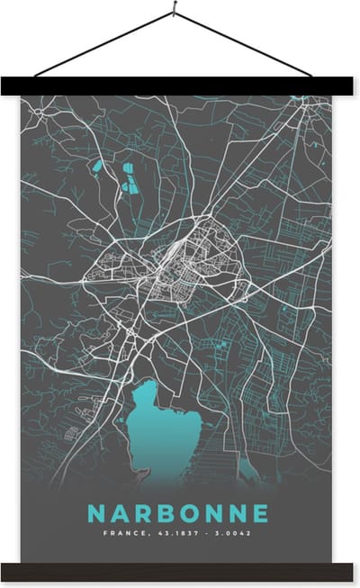 Posterhanger incl. Poster 40x60 cm - Schoolplaat - Kaart – Stadskaart – Narbonne - Plattegrond – Frankrijk - Textielposter - Zwarte latten - Stadskaart