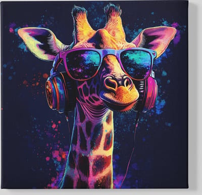 Vierkant Canvas Schilderij - Dieren - Giraffe met Koptelefoon - 40x40x2 cm