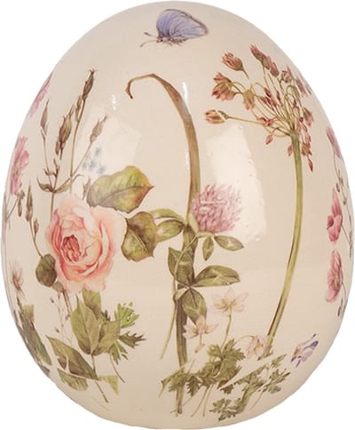 Clayre & Eef Decoratie Ei Ø 14x16 cm Beige Roze Keramiek Bloemen