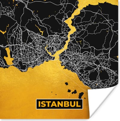 Poster Istanboel - Goud - Stadskaart - Plattegrond - Kaart - 100x100 cm XXL