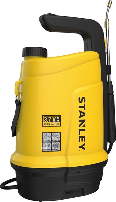 Stanley Druksproeier 5 L, drukspuit, sproeier tuin, elektrisch, heroplaadbare batterij lithium, telescopische lans, regelbare sproeikop, autonomie 2.5 h, max. 2 bar, 0.33 L/minuut, geel/zwart