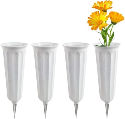 Grafvazen Set - Bloemenvazen - Graf decoratie - Met grondpen - 4 stuks 25 cm - Grijs