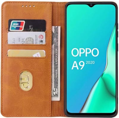 Smartphonica Oppo A9 2020 leren hoesje met magnetische sluiting en pashouders book case – Bruin geschikt voor OPPO A9 (2020)