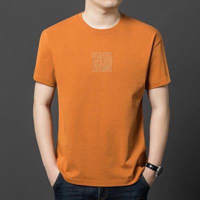 Zomer Nieuw Mannen Kortmouwig Onderhemd, Modieus Casual Ronde Hals Los Veelzijdig T-shirt voor Mannen 3XL orange
