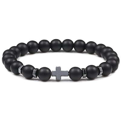 Kralenarmband met 8mm matte zwarte stenen kralen en hematiet kruisje - lengte 18cm