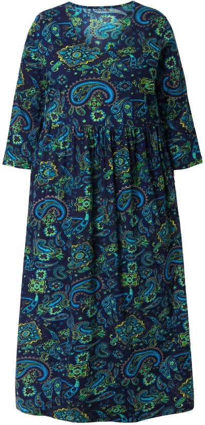 Ulla Popken - Dames - Jersey jurk paisley A-lijn V-hals 3/4-mouw - Marine - Maat 66+