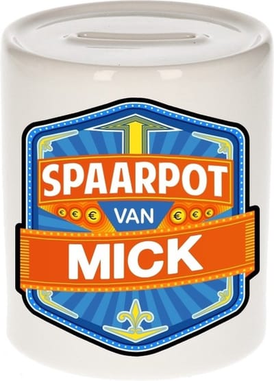 Bellatio Decorations Kinder spaarpot met naam - Mick - keramiek - met dop - wit - Sparen - Spaargeld van Mick