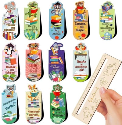 Dailygoods- Boekenleggerset 12 stuks - Magnetische Bladwijzers - Houten Liniaal - Dierdesign - Inspirerende Spreuken - Perfect Cadeau