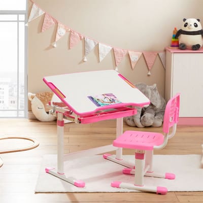 Kinderbureau met stoel TUTTO, kantelbaar en in hoogte verstelbaar – wit/roze