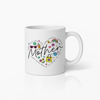Moederdag Cadeau Mok - Hart Design met Kleurrijke Iconen - 330ml Witte Keramische Koffiebeker