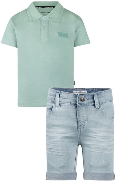 Koko Noko - NOOS-BOYS - Jongens - Biologische katoen - Kledingset - Jeans shorts - Polo Shirt Light blue - Maat 92