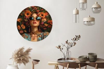 WallCircle - Wandcirkel - Muurcirkel - Vrouwen - Bloemen - Modern - Bril - Abstract - Aluminium - Dibond - 90x90 cm - Binnen en Buiten