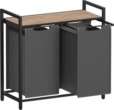 FurnStar - Wasmand - Wasmand met 2 compartimenten - Uittrekbare en verwijderbare waszakken - Wassorteerder - Plank - Metalen frame - 2 x 46L - 73 x 33 x 72 cm - Rustiek bruin en grijs