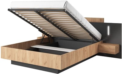 Vente-unique Bed met opbergruimte hout antracietgrijs, natuurlijk licht 160 x 200 cm