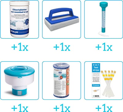 Zwembad Onderhoudspakket - Onderhoud Zwembad - bevat Chloor - Scrubborstel - Thermometer - Chloordrijver - Filter en Testrips (6-delig)