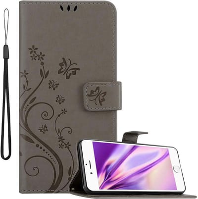 Cadorabo Hoesje geschikt voor Apple iPhone 6 PLUS / 6S PLUS in BLOEMEN GRIJS - Beschermhoes in bloemmotief met magnetische sluiting, standfunctie en kaartsleuven Book Case Cover Etui
