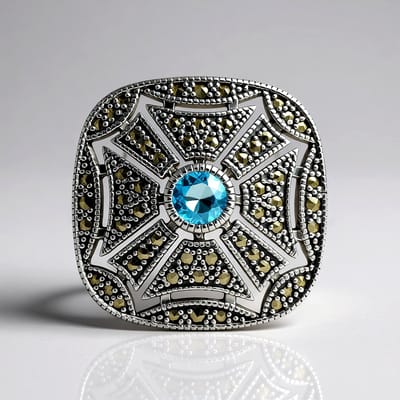 Cavill - Elegante zilveren damesring - 925 Sterling Zilver met 0,53 ct Zwitsers-blauwe topaas en marcasieten - Geometrisch design
