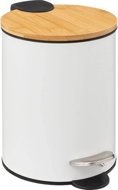 IBBO® - Luxe pedaalemmer - 3 Liter - Wit en hout - Afvalemmer - Toilet - Badkamer - Klein - Soft Close Deksel bamboo - Chique Design - Kleine Witte Pedaal Prullenbak - Afvalzak Inkeping - Vuilnisbak Badkamer - bamboo
