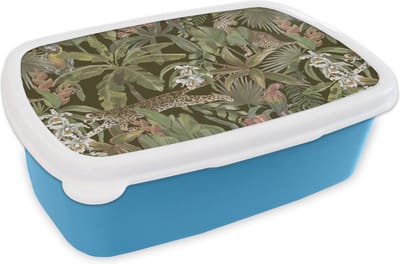 Broodtrommel Blauw - Lunchbox - Brooddoos - Jungle - Dieren - Vintage - Patroon - 18x12x6 cm - Kinderen - Jongen