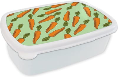 Broodtrommel Wit - Lunchbox - Brooddoos - Vintage - Wortel - Patronen - Groente - 18x12x6 cm - Volwassenen