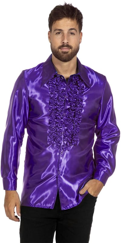 Jaren 80 & 90 Kostuum | Paarse Ruchesblouse Satijn Foute Disco | Maat 58 | Carnaval kostuum | Verkleedkleding