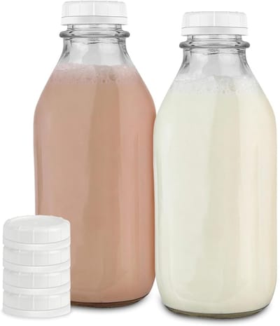 QTTVBTNA - 2 Stuks Sapflesjes glas - Glazen Melkflessen - Herbruikbare - Flessen - met 4 dop - Geschikt voor Koelkast - Melkflesjes - Drinkflesjes - 1 L