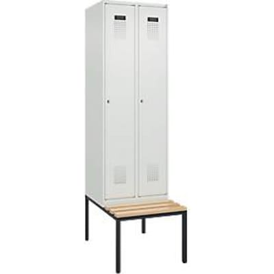 C+P Evolo Plus garderobekast, 2 vakken van elk 300 mm breed, bank onderin, B 600 x D 815 x H 2120 mm, cilinder, lichtgrijs/lichtgrijs