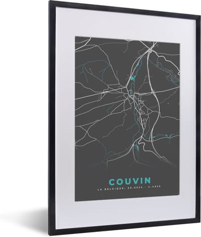 Fotolijst incl. Poster - Stadskaart – Grijs - Kaart – Couvin – België – Plattegrond - 30x40 cm - Posterlijst