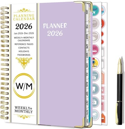 Famanu – Weekplanner 2026 A5 academisch dagboek met pen, stickers, maand- en weektabbladen en paarse kaft voor studiejaarplanning