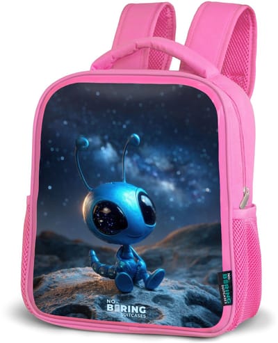 NoBoringSuitcases.com® - Rugzak roze - Schooltas meisjes - Blauw buitenaards wezentje onder sterrenhemel - Kinder rugtas meisje - Boekentas kind - Kinderrugzak voor school - Schoolrugzak