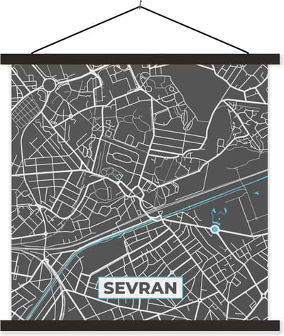 Posterhanger incl. Poster 60x60 cm - Schoolplaat - Sevran - Frankrijk - Kaart - Stadskaart - Plattegrond - Textielposter - Zwarte latten - Stadskaart