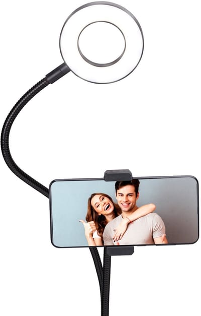 Grundig Ringlamp met Telefoonhouder - Ringlight met Tafelklem - Ø9cm Ringlicht met 24 LED's - 3 Lichtstanden en 9 Helderheidsniveaus - USB Voeding - Flexibele Armen - Voor Selfies en Video's
