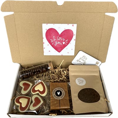 I love you koffie brievenbus cadeau - fudge - chocolade mokkaboontjes - chocolade