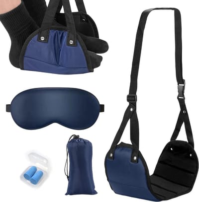 PYSEOSISE Voetsteun Vliegtuig, Blauwe Voethangmat voor Vliegtuig, Draagbare Reis Voetsteun met Slaapmasker En - ShopVlot