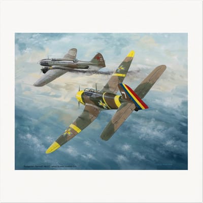 Thijs Postma - TP Aviation Art - Poster - Roemeense Heinkel He 112 Valt Russische Ilyushin Il-4 Aan - 70x70cm