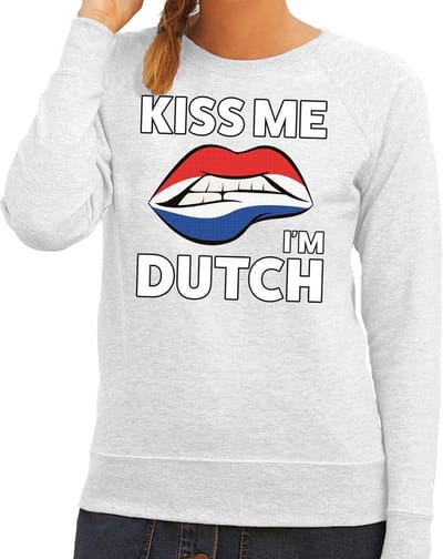 Kiss me I am Dutch sweater grijs dames - feest trui dames - Holland kleding XS