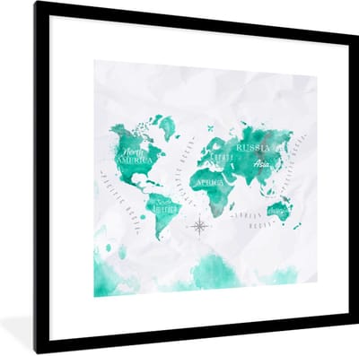Poster in lijst - Fotolijst 40x40 cm - Posters - Waterverf - Wereldkaart - Turquoise - Posterlijst zwart - Decoratie - Wanddecoratie woonkamer - Muurdecoratie slaapkamer