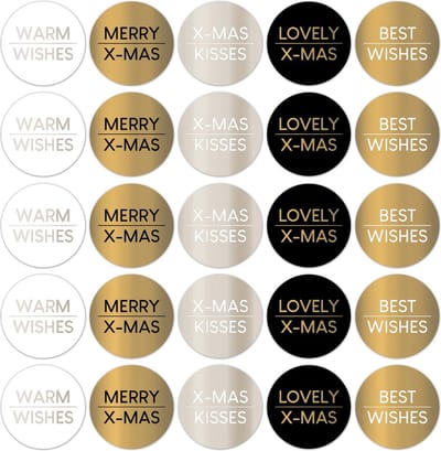 Grote Sluitzegel Kerst Goudfolie - 5 assorti | Warm / Best Wishes – x-mas Kisses – Lovely | Goud – Zilver – Wit – Zwart | Envelop sticker – Christmas – Bedankje | Cadeau – Gift – Cadeauzakje
