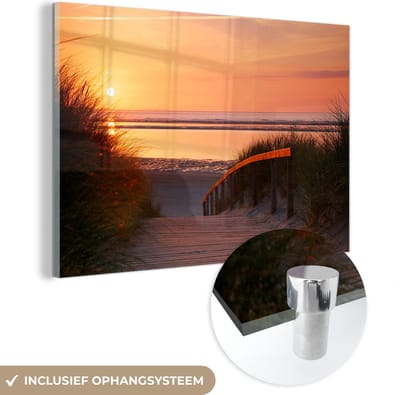 MuchoWow® Glasschilderij 90x60 cm - Schilderij acrylglas - Strand - Zon - Kleuren - Foto op glas - Muurdecoratie woonkamer - Wanddecoratie slaapkamer - Schilderijen