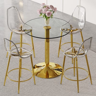 Bartafelset - Ronde Glazen Tafel Met 4 Transparante Barkrukken - Voor Open Keuken En Lounge - Metaal Kunststof En Glas - Goud Transparant