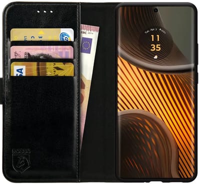 Rosso Element Geschikt voor Motorola Edge 50 Ultra | Wallet Book Case | Portemonnee Hoesje | 3 Pasjes | Magneetsluiting | Stand Functie | Zwart