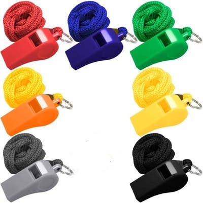 Pak van 7 Kleurrijke Trillerfluitjes met Sleutelkoord - 42 cm - Scheidsrechterfluitjes voor Basketbal en Voetbal - Kunststof Pijpen - Cadeau voor Kinderverjaardag of Feestviering