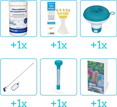 Zwembad Onderhoudspakket - Onderhoud Zwembad - bevat Chloor - Testrips - Chloordrijver - Schoonmaakset - Thermometer en Zwembadgids (6-delig)
