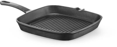 HENDI Grillpan - gietijzer - vierkant met schenktuit, ribbels en gietijzeren handgreep - 23 x 23 x (H)2,5 cm - zwart - voor vlees en groenten