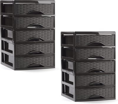 PlasticForte ladeblokje/bureau organizer - 2x - 5 lades - donkerbruin - L18 x B21 x H28 cm