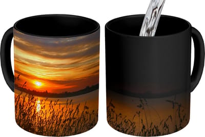 Magische Mok - Foto op Warmte Mokken - Koffiemok - Zonsondergang - Zee - Horizon - Lucht - Planten - Magic Mok - Beker - 350 ML - Theemok